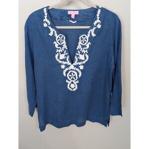 LILLY PULITZER Amelia Island 100% Linen Tunic Embroidered Navy Blue White L